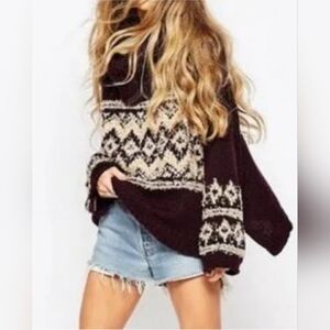 Free People Merlot & Peach Oversized Fair Isle Ragnar Split Neck Sweater XS